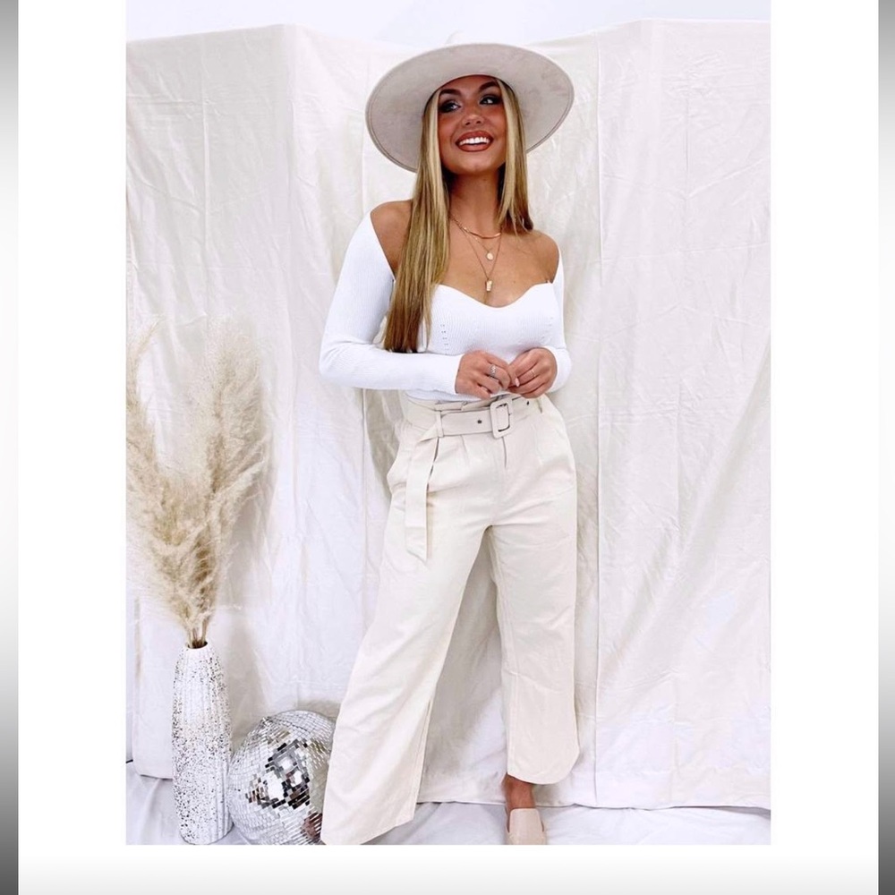 Cream Paper Bag Belted Wide Leg Pants